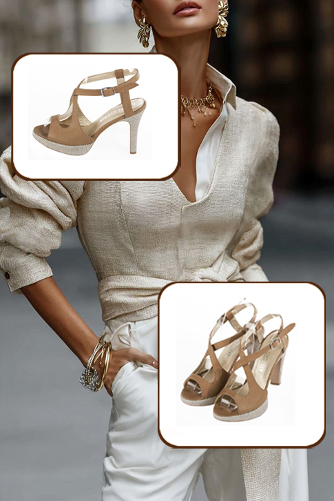 Women's camel beige elegant cross straps sandals. Round toe. High slim heel with a platform at the front - Worn view